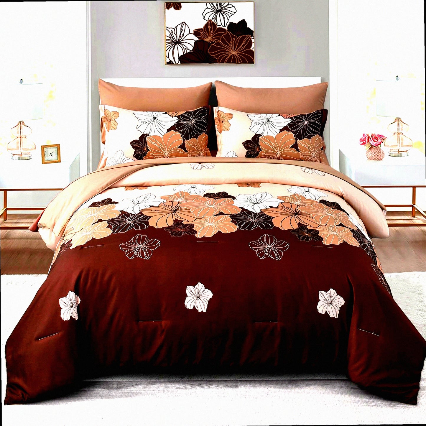Luxury Floral Queen Bedding Set - 7 Piece Soft Microfiber Comforter & Sheets Bundle for Queen Size Bed - Lightweight Brown Floral Comforter Set