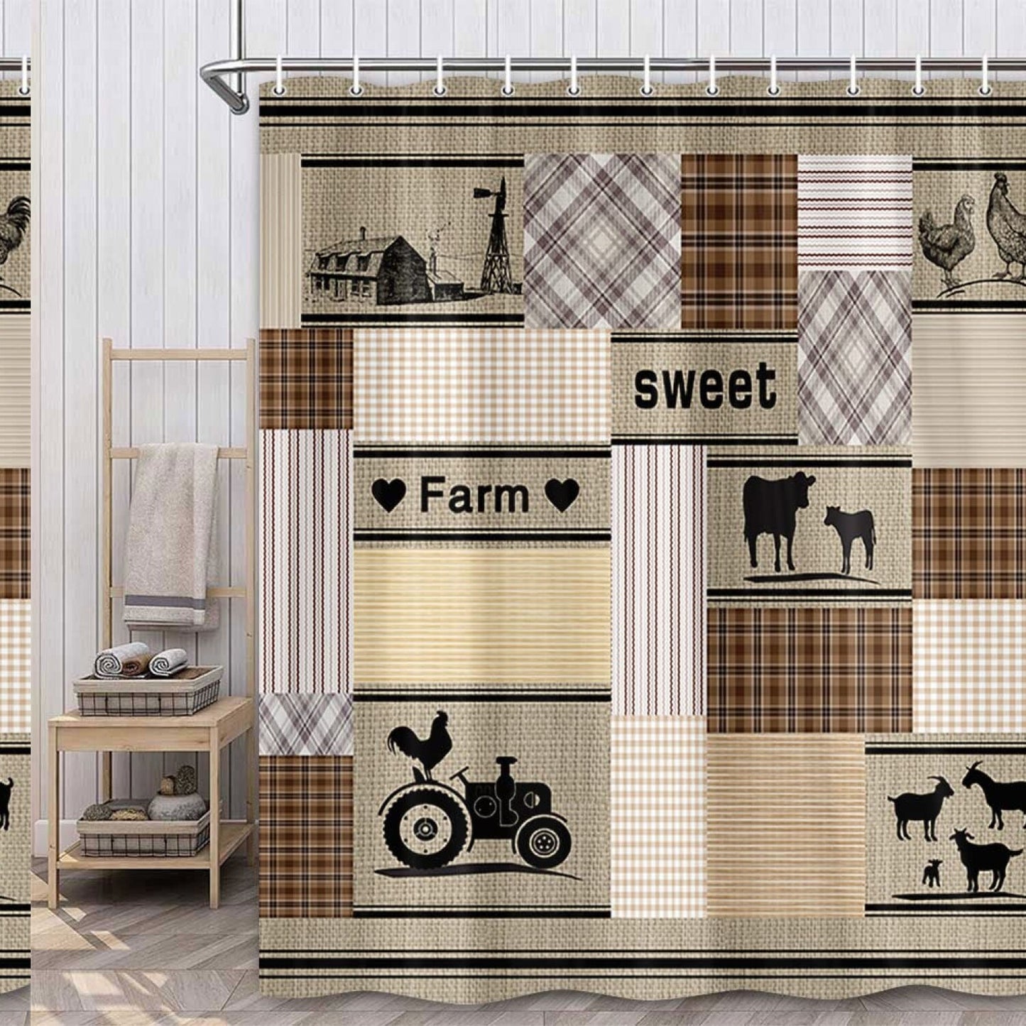 Farmhouse Fabric Shower Curtain with Farm Animals and Buffalo Plaid