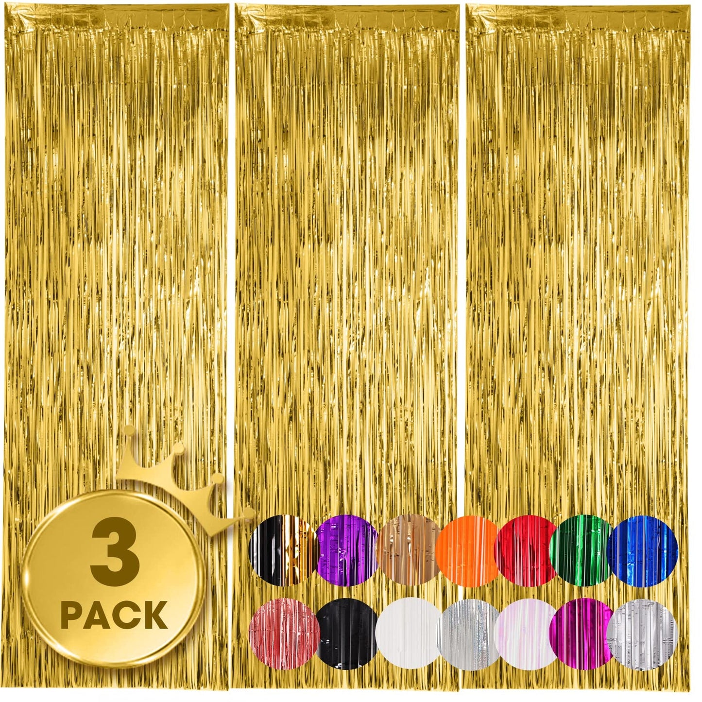Gold Fringe Party Pack - 3 Curtains, 3.3x8.2 Feet Tinsel Streamers for Birthday, Graduation, Baby Shower, Gender Reveal, Disco Theme