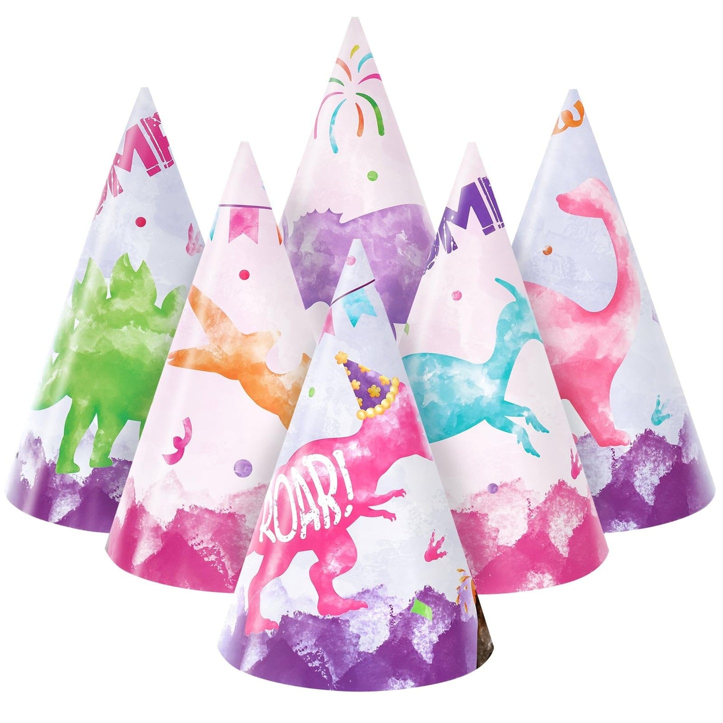 DinoParty Cone Hats - 24 PCS Watercolor Dinosaur Party Hats for Girls - Fun Art Paper Birthday Hats in 6 Styles - Dino Themed Decorations