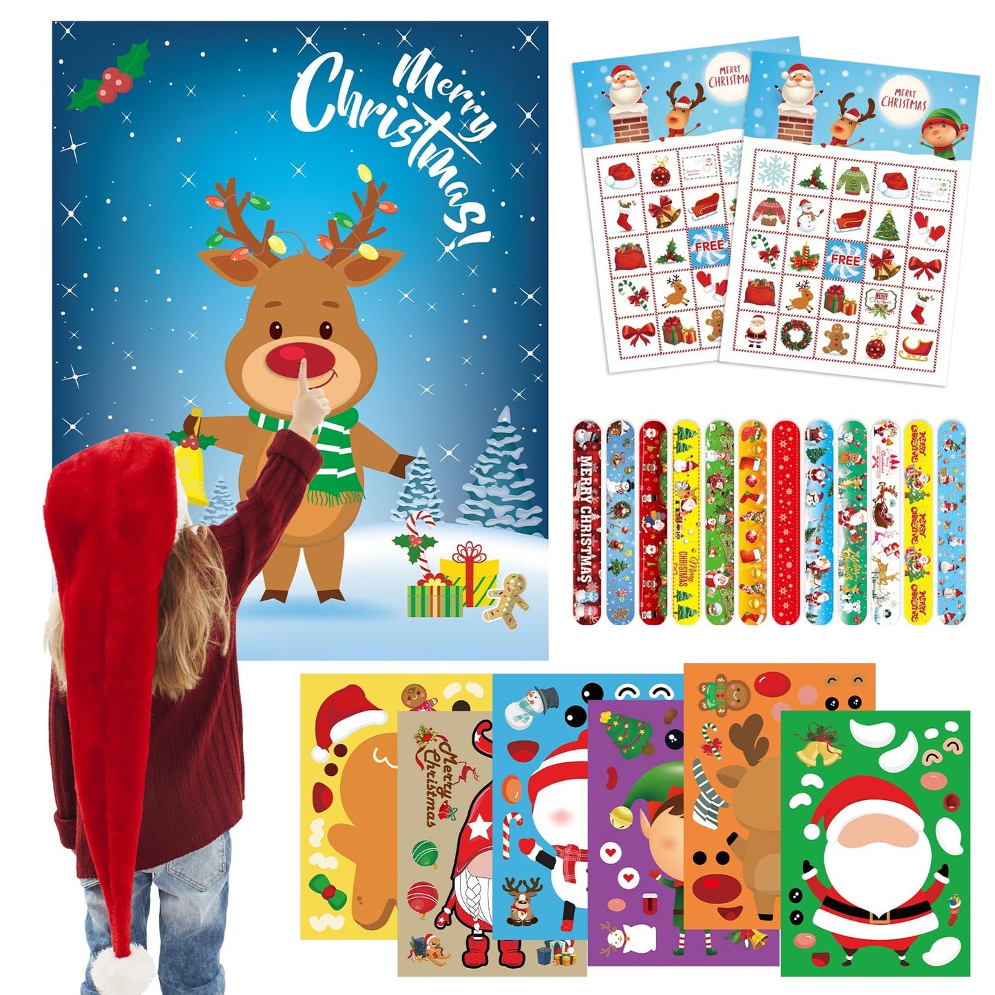 Family Party Games Pack with Bingo, Pin the Reindeer, and Slap Bracelets