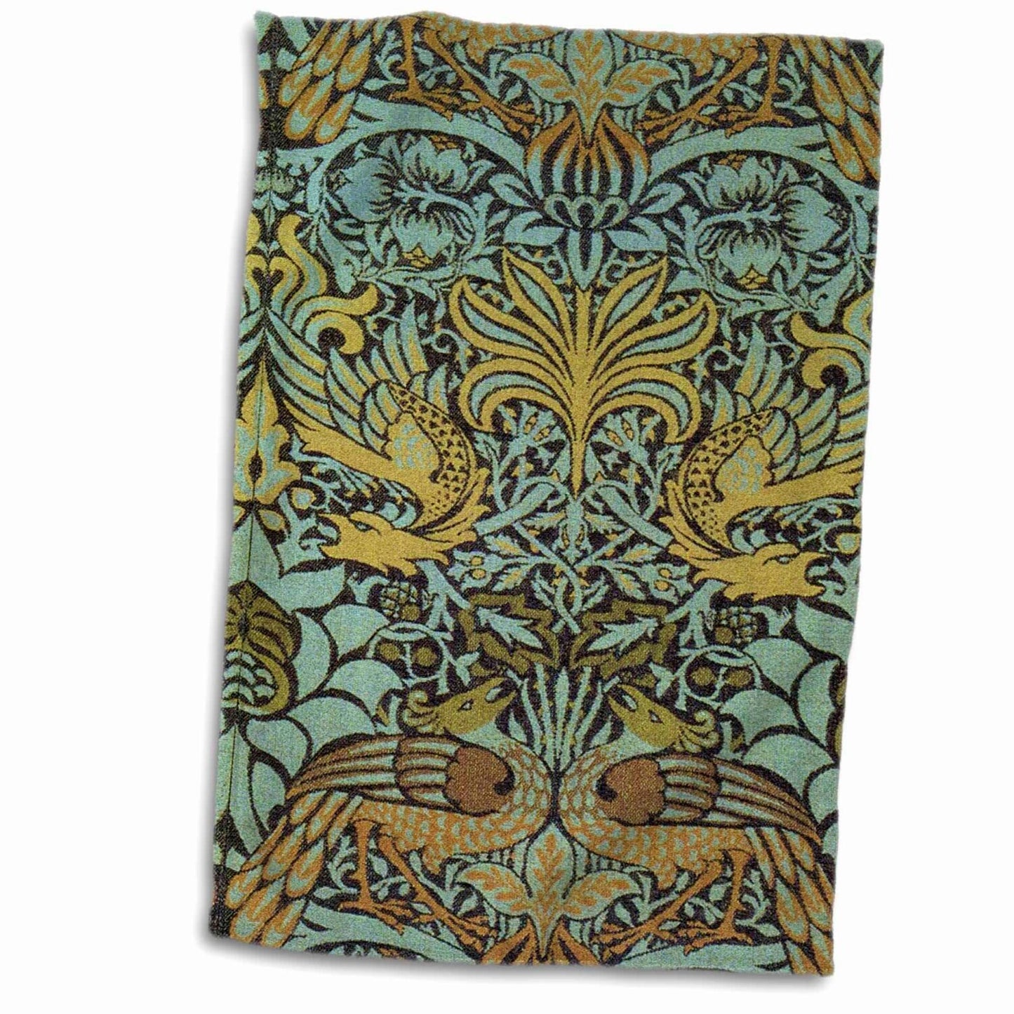 3D Rose William Morris Peacock Dragon Aqua Hand Towel 15" x 22"
