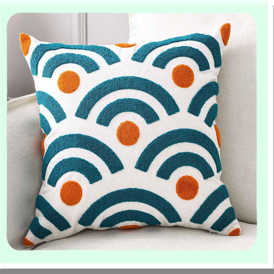 Boho Wave Geometric Pillow Cover - Embroidered Square 18" Decorative Canvas Throw Pillow Cover with Stylish Wave Pattern - Cover Only