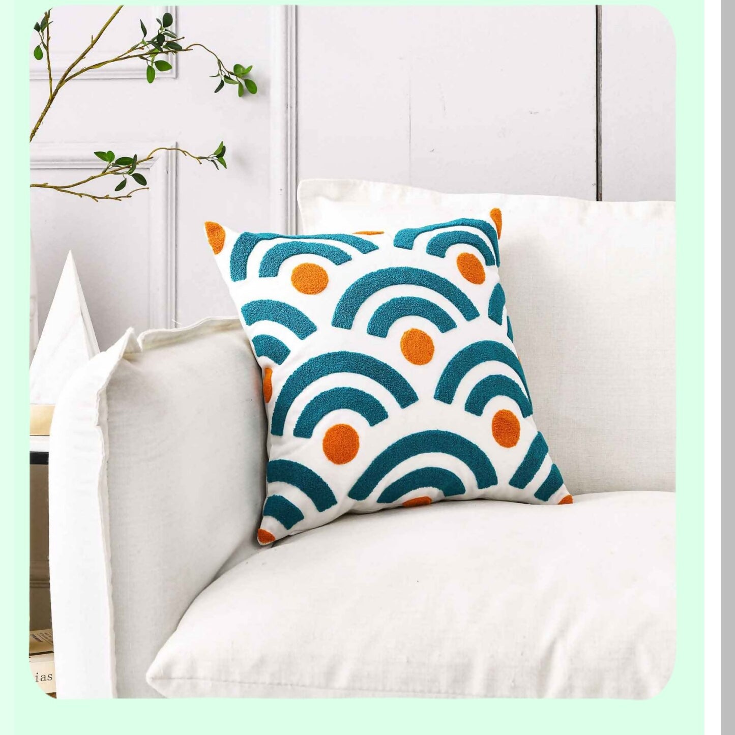 Boho Wave Geometric Pillow Cover - Embroidered Square 18" Decorative Canvas Throw Pillow Cover with Stylish Wave Pattern - Cover Only