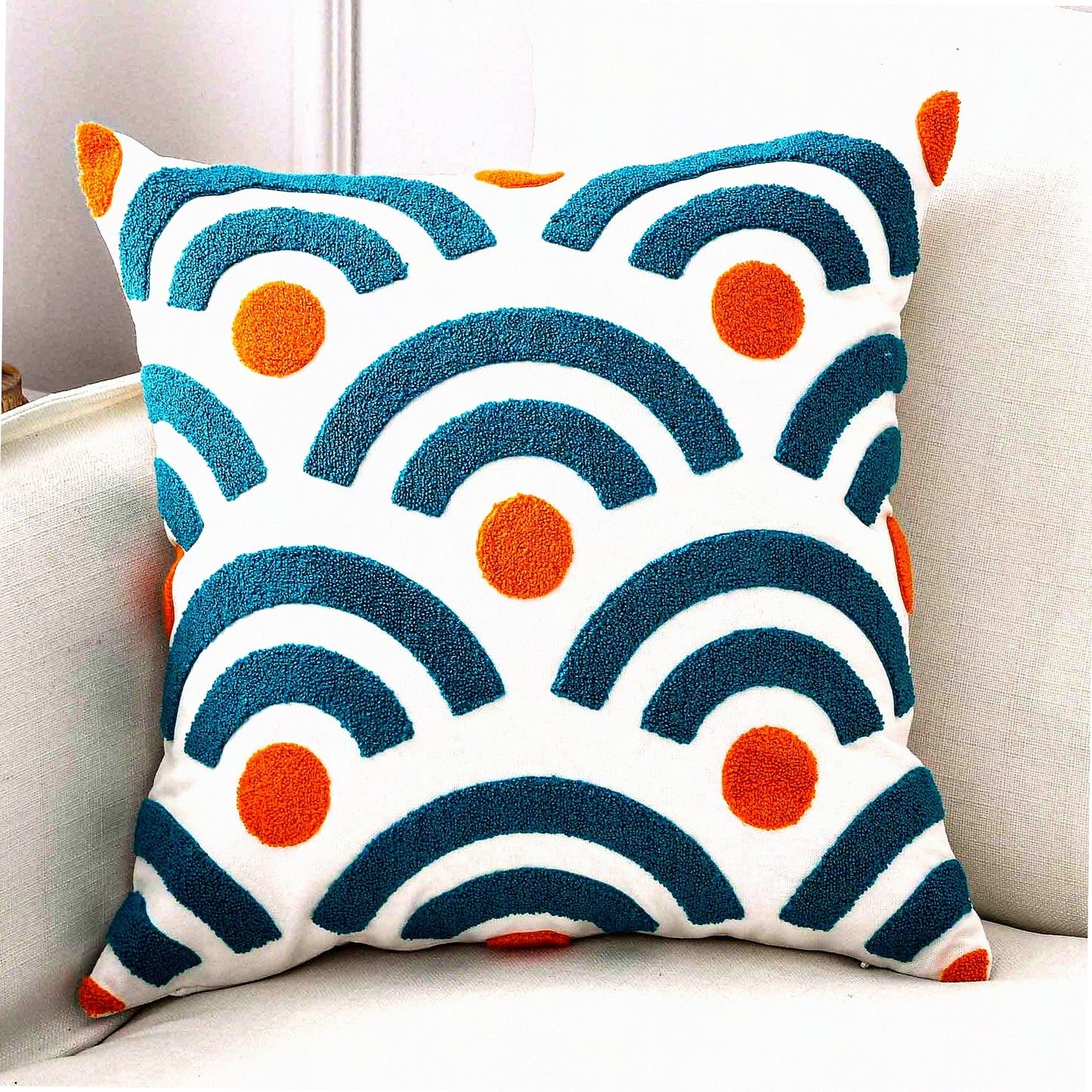 Boho Wave Geometric Pillow Cover - Embroidered Square 18" Decorative Canvas Throw Pillow Cover with Stylish Wave Pattern - Cover Only