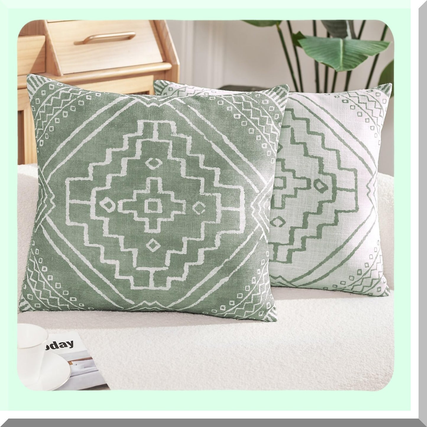 BohoGeometricDecorPillowcases - Modern decorative cushion covers with textured durable fabric for sofa, couch, bed, living room. Green pack of 2, 18x18 inch.