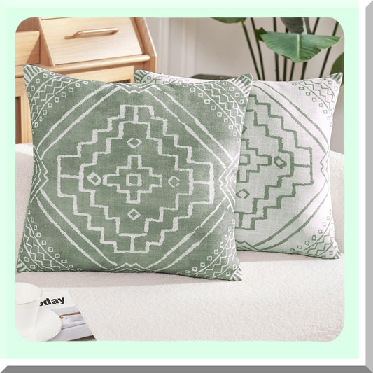 BohoGeometricDecorPillowcases - Modern decorative cushion covers with textured durable fabric for sofa, couch, bed, living room. Green pack of 2, 18x18 inch.