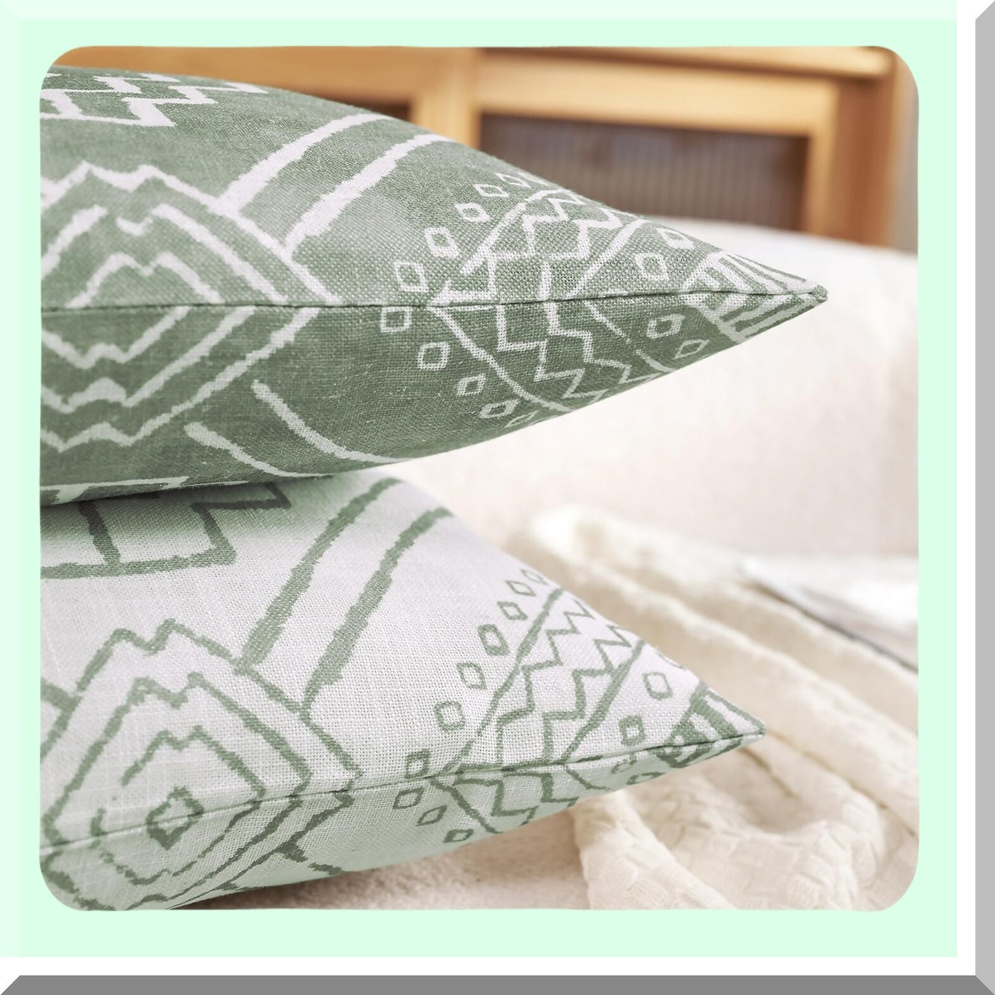 BohoGeometricDecorPillowcases - Modern decorative cushion covers with textured durable fabric for sofa, couch, bed, living room. Green pack of 2, 18x18 inch.