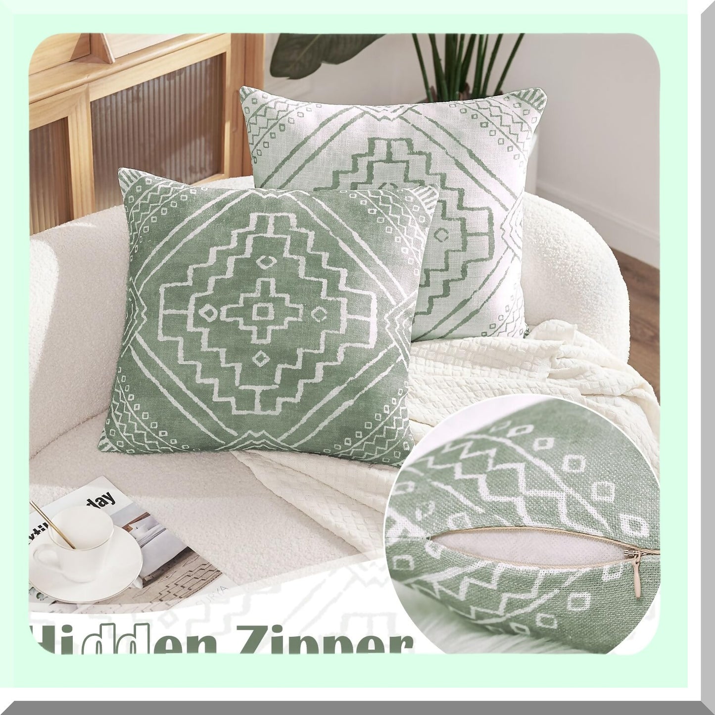 BohoGeometricDecorPillowcases - Modern decorative cushion covers with textured durable fabric for sofa, couch, bed, living room. Green pack of 2, 18x18 inch.