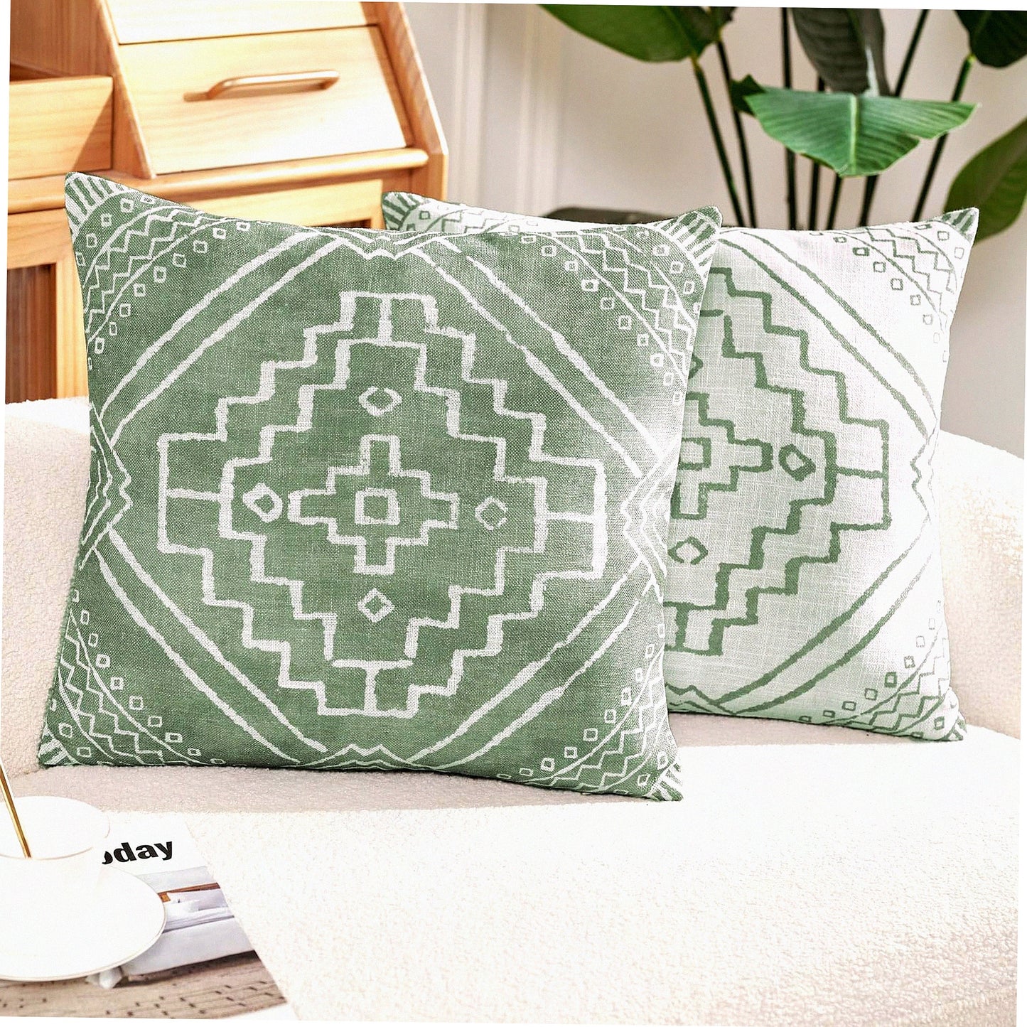 BohoGeometricDecorPillowcases - Modern decorative cushion covers with textured durable fabric for sofa, couch, bed, living room. Green pack of 2, 18x18 inch.