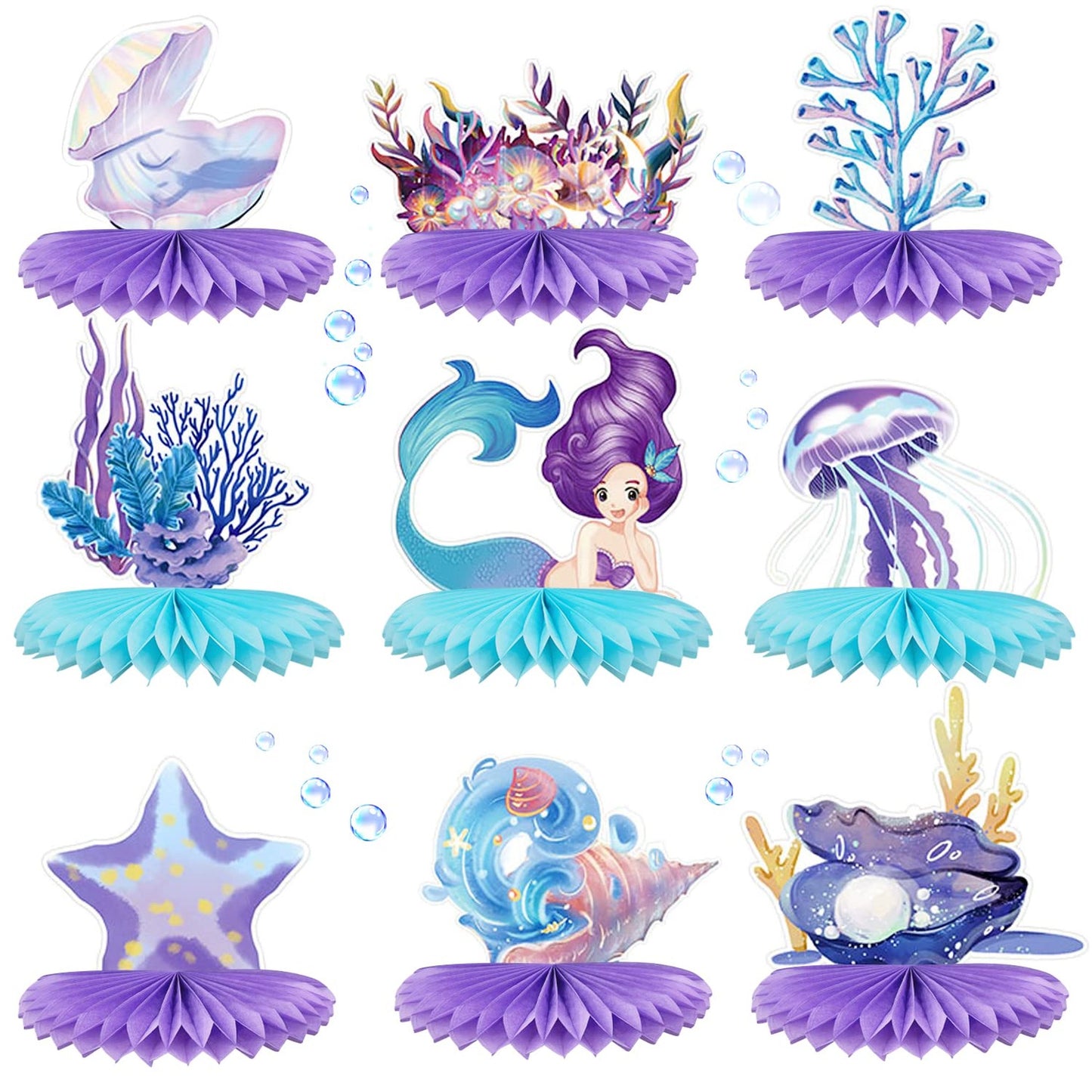 Mermaid Ocean Party Centerpieces - 9Pcs Honeycomb Table Decorations for Girls Birthday & Baby Shower. Under The Sea Theme Supplies for a Magical Celebration!
