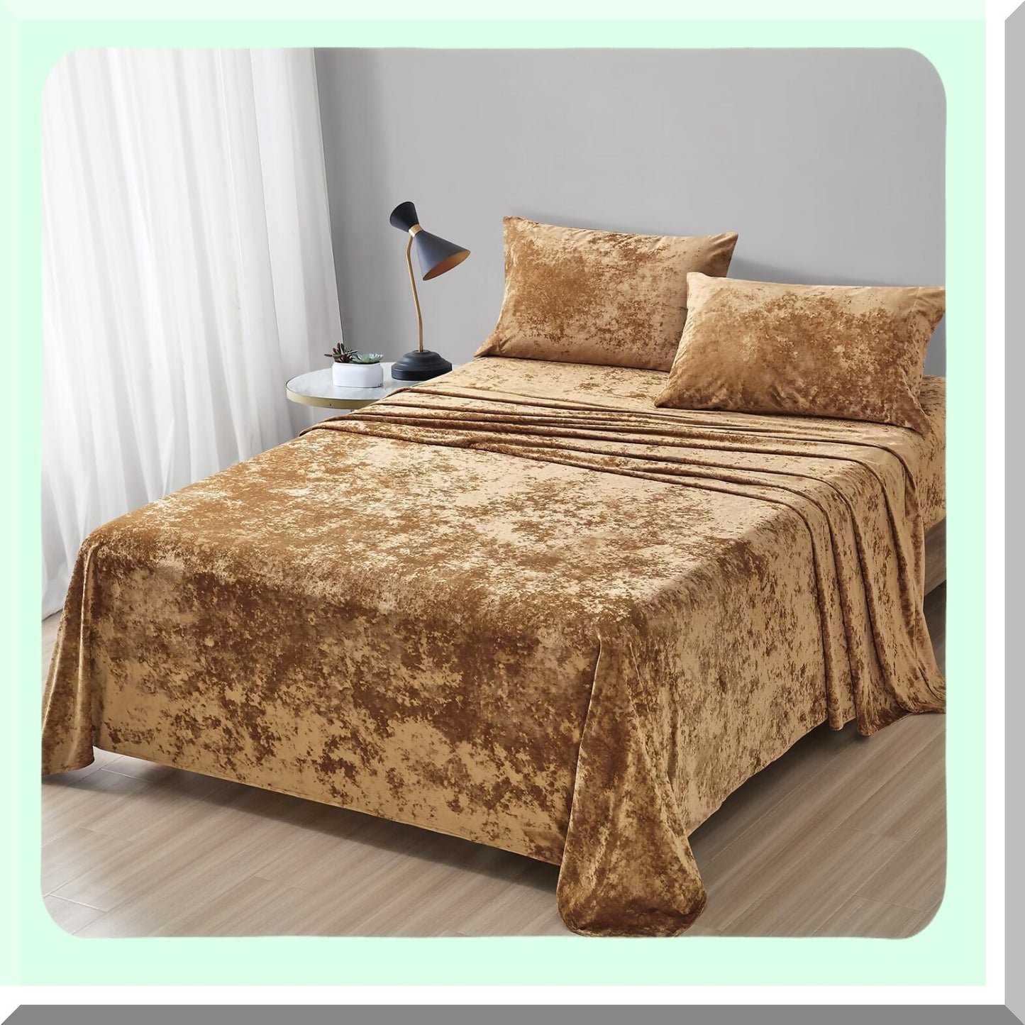 Luxury Gold Velvet Bedding Set - 4 Piece Ultra Soft Sheets, Cozy Warmth, Distressed Texture - Caramel Gold Bedroom Decor - Plush Comfort Bed Linens