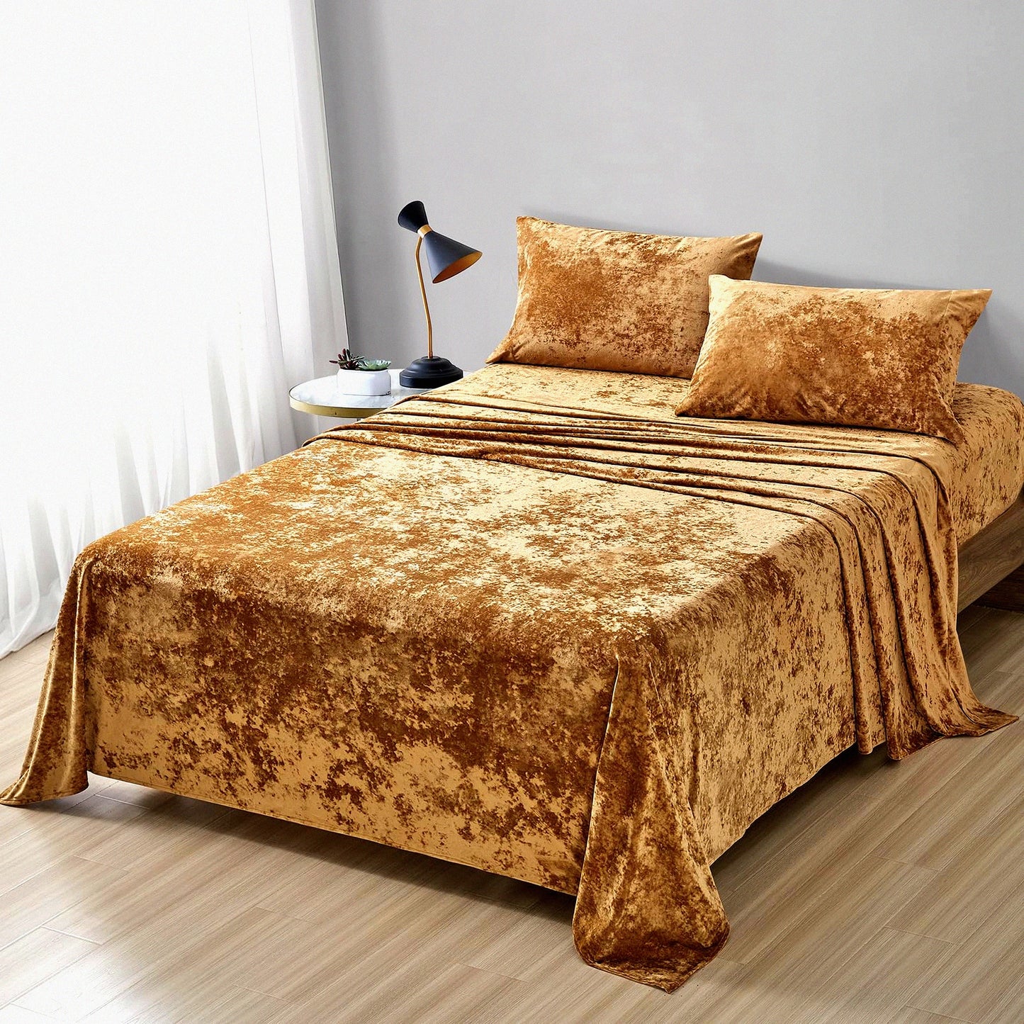 Luxury Gold Velvet Bedding Set - 4 Piece Ultra Soft Sheets, Cozy Warmth, Distressed Texture - Caramel Gold Bedroom Decor - Plush Comfort Bed Linens