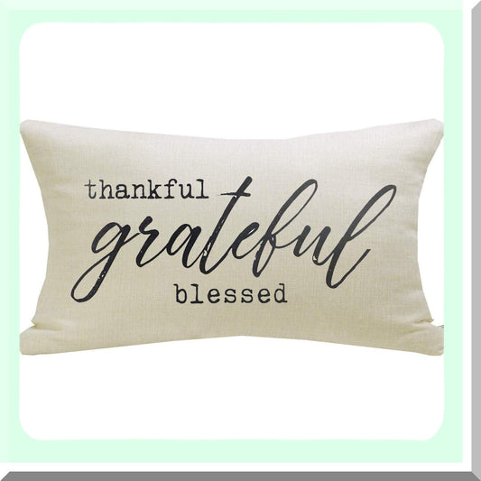 Thankful Grateful Blessed Farmhouse Lumbar Pillow - Rustic Dcor Quote Cover for Housewarming Gifts & Family Room Dcor - 12" x 20"