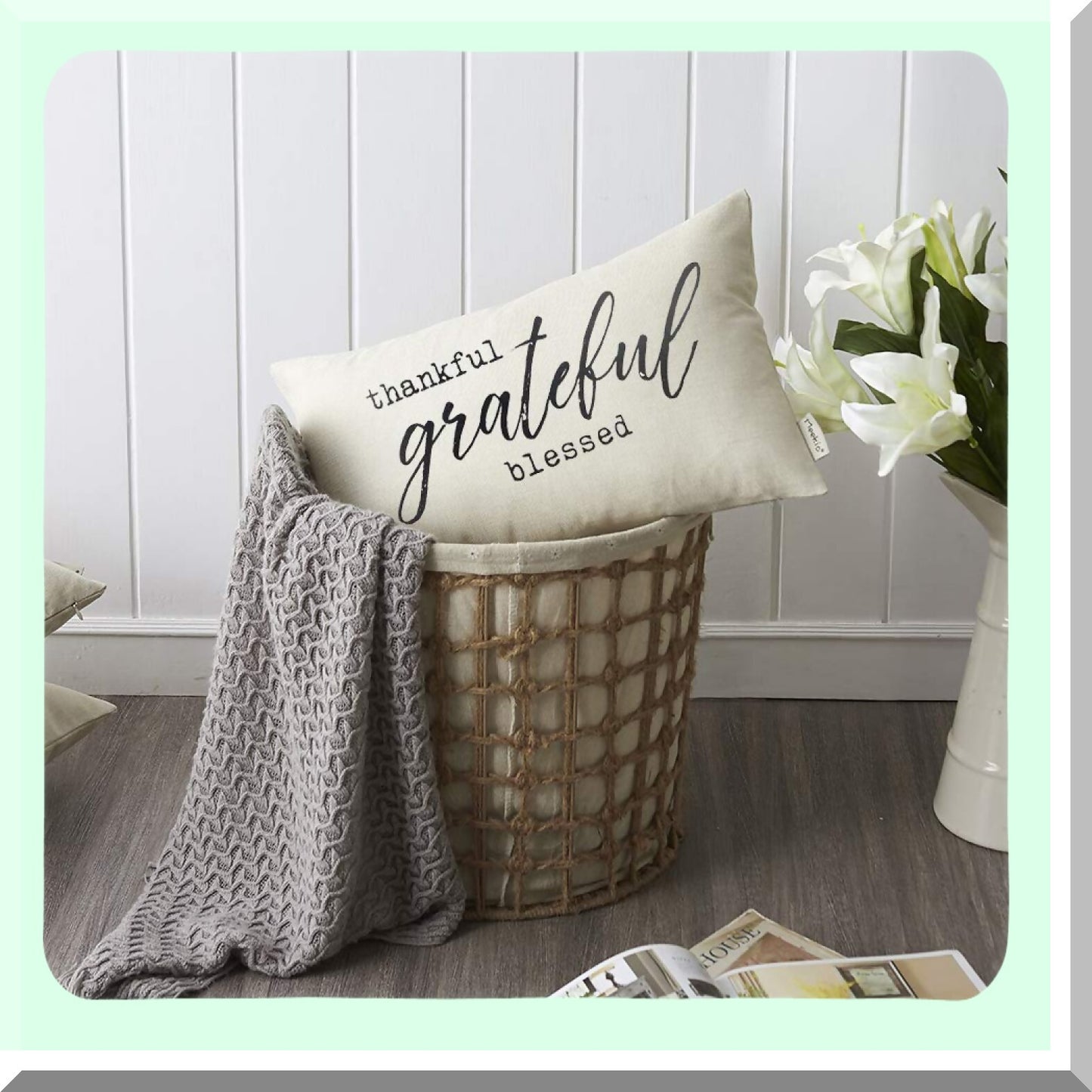 Thankful Grateful Blessed Farmhouse Lumbar Pillow - Rustic Dcor Quote Cover for Housewarming Gifts & Family Room Dcor - 12" x 20"