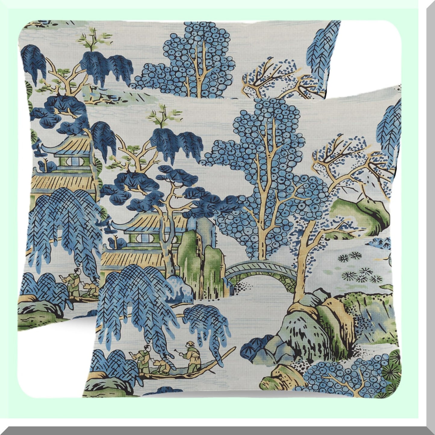Scenic Chinoiserie Pillow Set - Blue & Green 24x24 Inch Farmhouse Decor Cushion Cover for Sofa & Bedroom - Asian Throw Pillows Outdoor