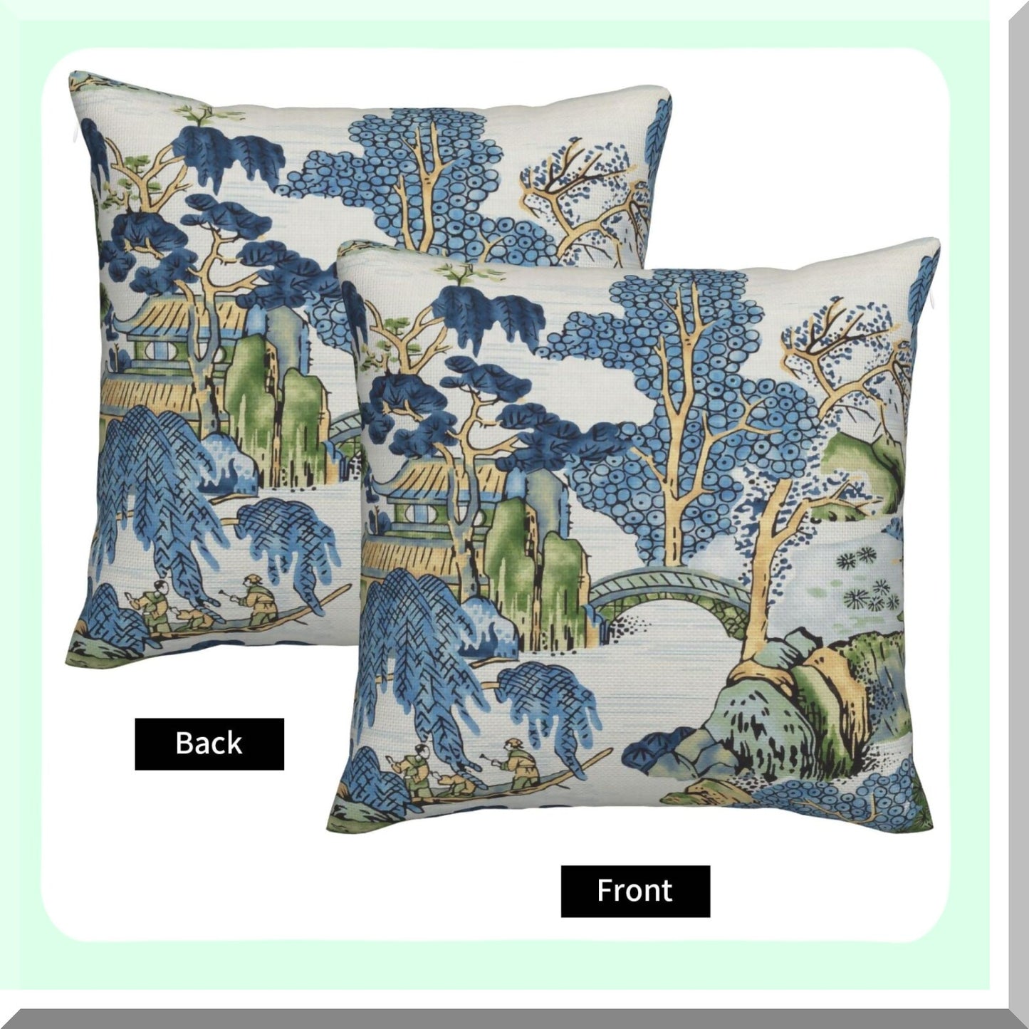 Scenic Chinoiserie Pillow Set - Blue & Green 24x24 Inch Farmhouse Decor Cushion Cover for Sofa & Bedroom - Asian Throw Pillows Outdoor