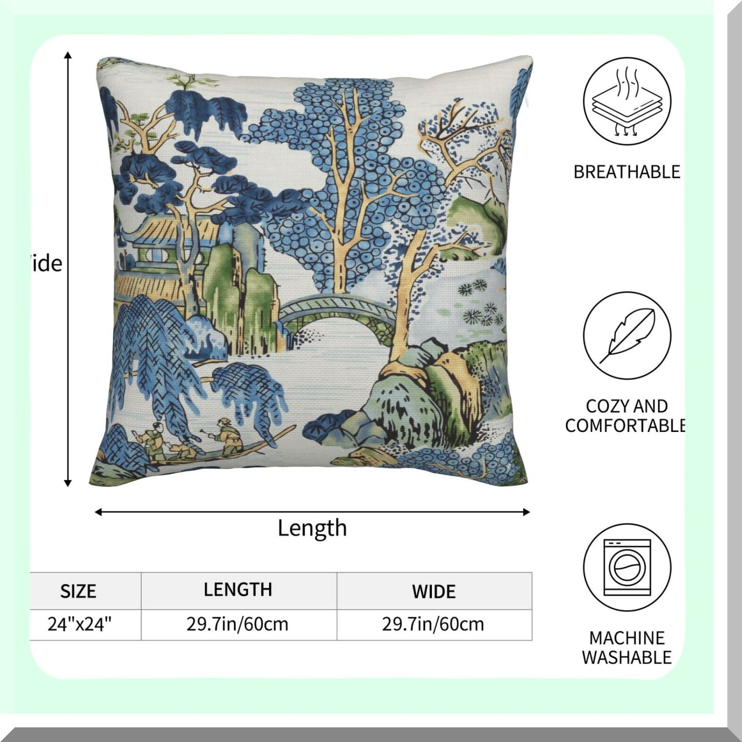 Scenic Chinoiserie Pillow Set - Blue & Green 24x24 Inch Farmhouse Decor Cushion Cover for Sofa & Bedroom - Asian Throw Pillows Outdoor
