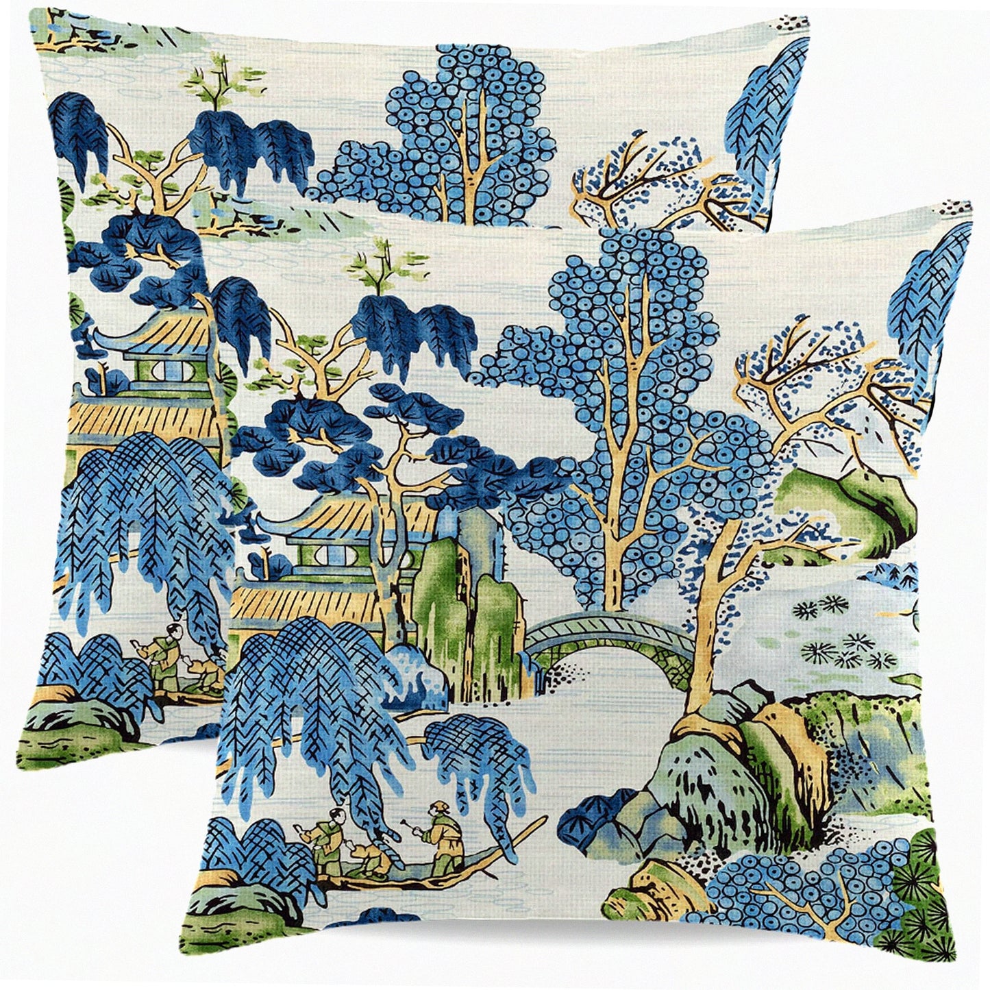 Scenic Chinoiserie Pillow Set - Blue & Green 24x24 Inch Farmhouse Decor Cushion Cover for Sofa & Bedroom - Asian Throw Pillows Outdoor