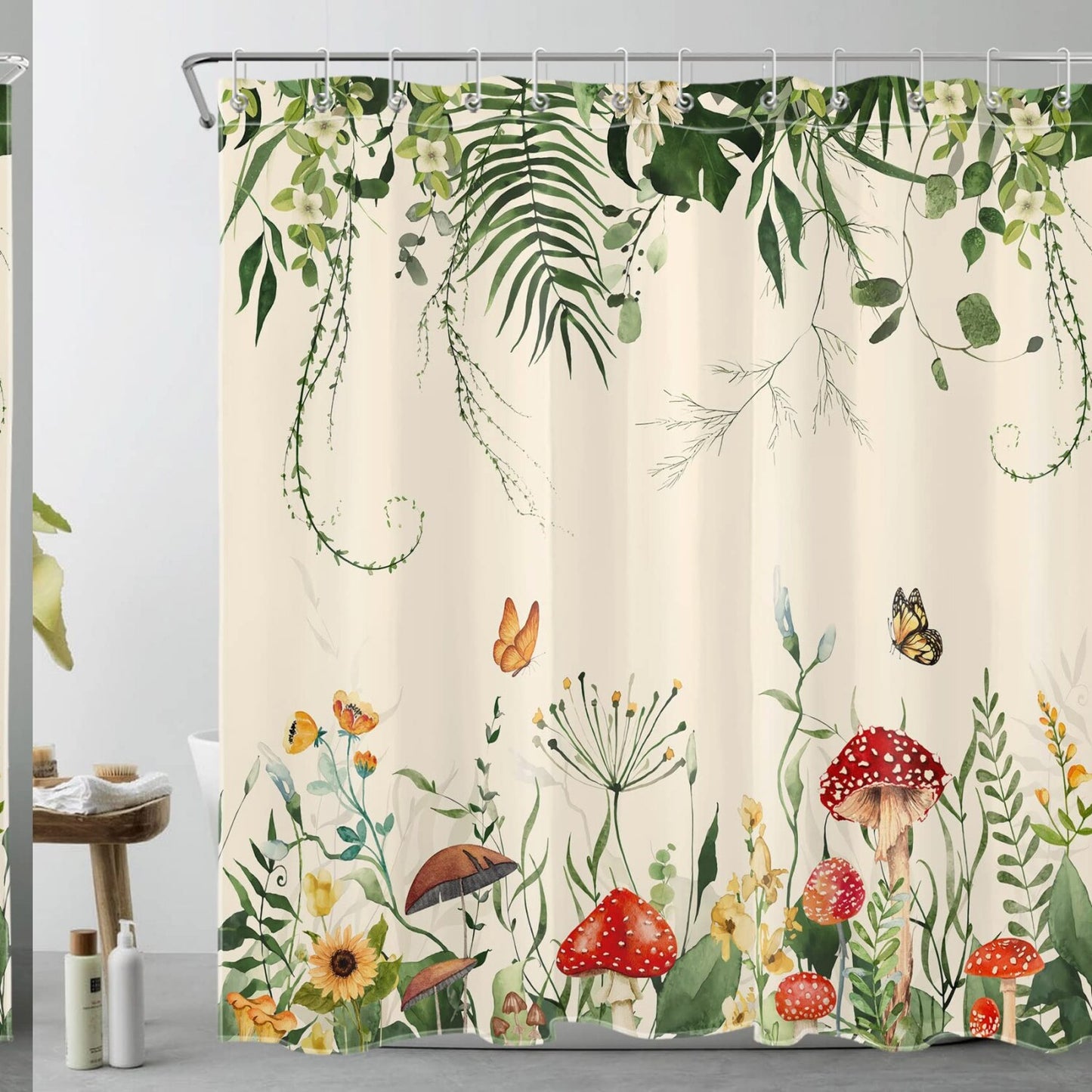Red Mushroom and Yellow Floral Shower Curtain 72x72