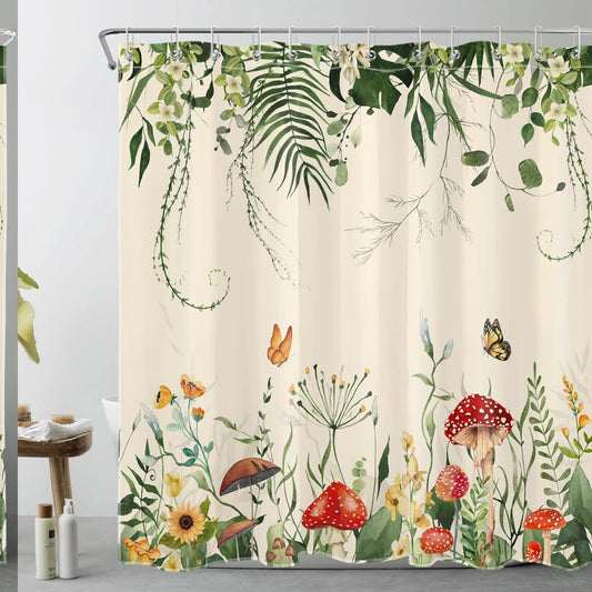 Red Mushroom and Yellow Floral Shower Curtain 72x72