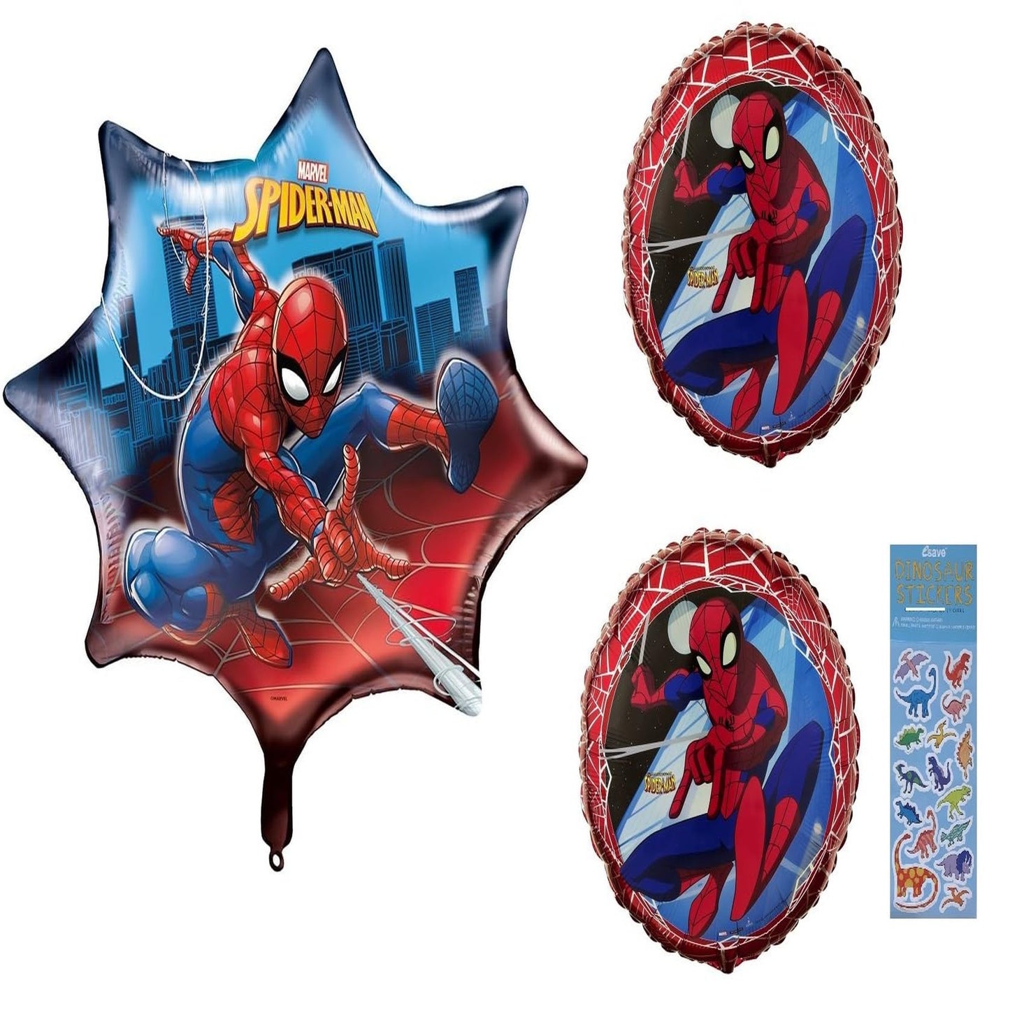 Spiderman Party Pack with SuperShape Balloon, Mylar Balloons, and Dinosaur Stickers - Ultimate Bundle for Kids Birthday Celebration