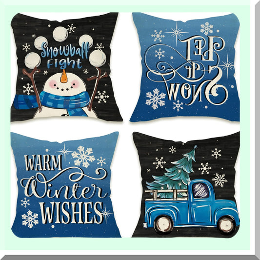 Winter Wonderland Snowflake Farmhouse Pillow Covers 18x18 Set of 4 - Snowman Truck Tree Blue Black Outdoor Pillowcase - Let It Snow Holiday Cushion Case Home Decor