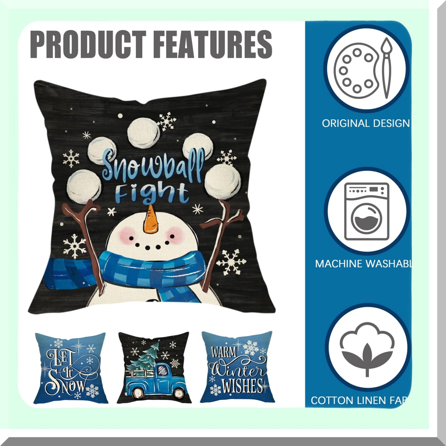 Winter Wonderland Snowflake Farmhouse Pillow Covers 18x18 Set of 4 - Snowman Truck Tree Blue Black Outdoor Pillowcase - Let It Snow Holiday Cushion Case Home Decor