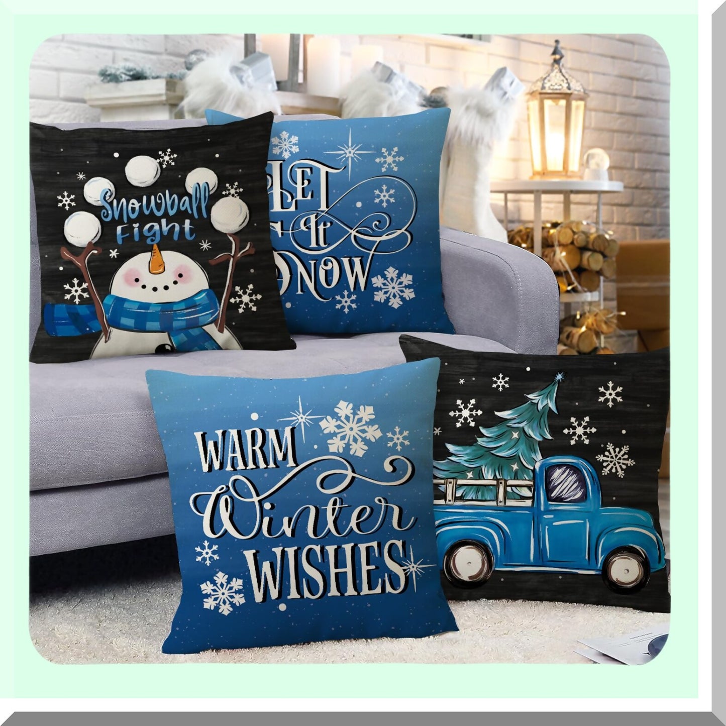 Winter Wonderland Snowflake Farmhouse Pillow Covers 18x18 Set of 4 - Snowman Truck Tree Blue Black Outdoor Pillowcase - Let It Snow Holiday Cushion Case Home Decor
