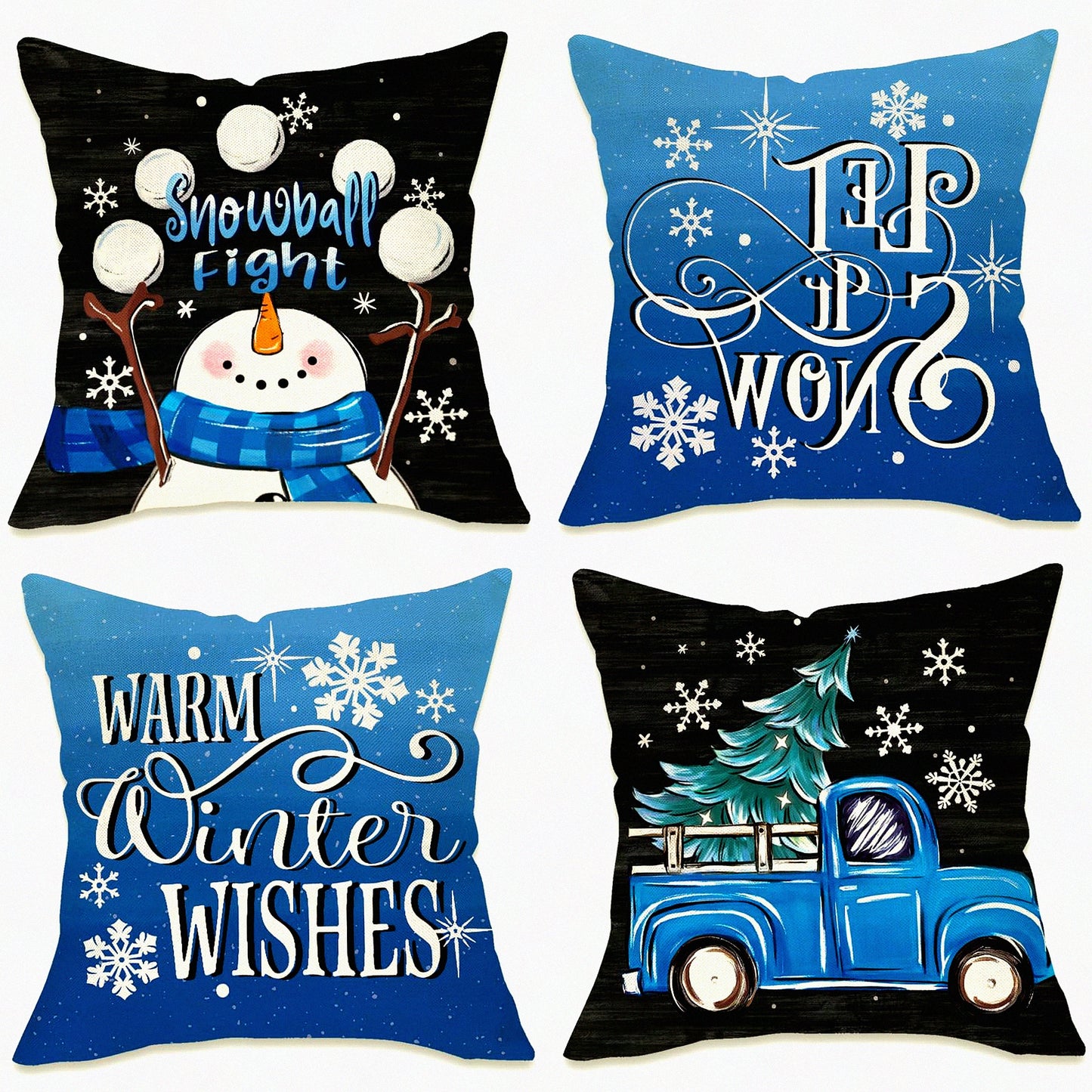 Winter Wonderland Snowflake Farmhouse Pillow Covers 18x18 Set of 4 - Snowman Truck Tree Blue Black Outdoor Pillowcase - Let It Snow Holiday Cushion Case Home Decor