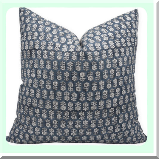 Boho Linen Floral Pillow Cover - Sustainable Outdoor Cushion with Zipper for Sofa & Couch - Handloom Print Grey - 18X18 INCH