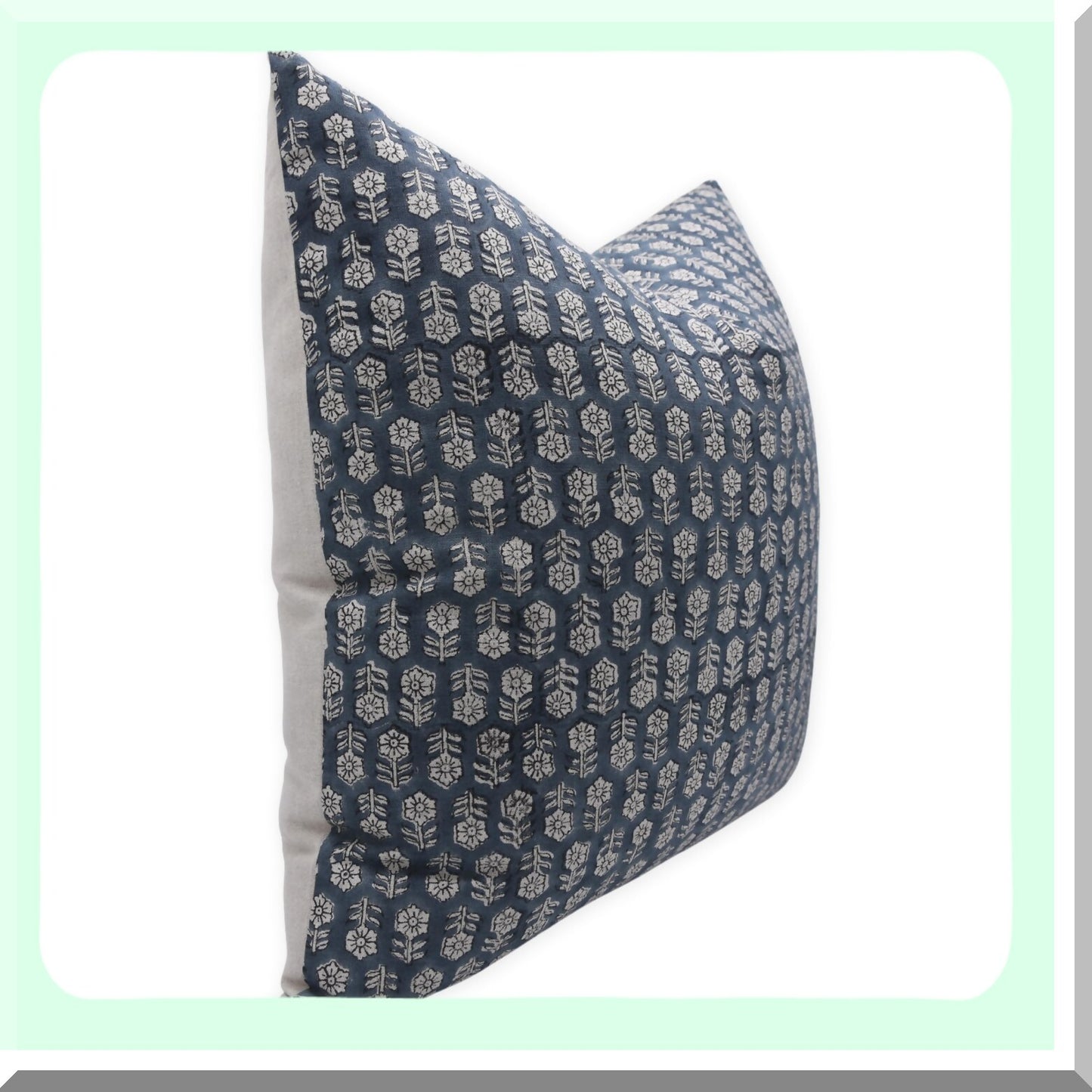 Boho Linen Floral Pillow Cover - Sustainable Outdoor Cushion with Zipper for Sofa & Couch - Handloom Print Grey - 18X18 INCH