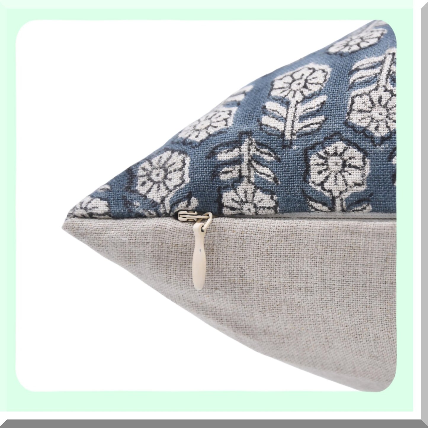 Boho Linen Floral Pillow Cover - Sustainable Outdoor Cushion with Zipper for Sofa & Couch - Handloom Print Grey - 18X18 INCH