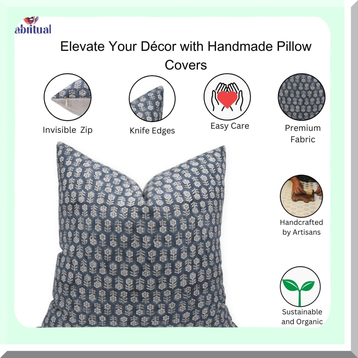 Boho Linen Floral Pillow Cover - Sustainable Outdoor Cushion with Zipper for Sofa & Couch - Handloom Print Grey - 18X18 INCH