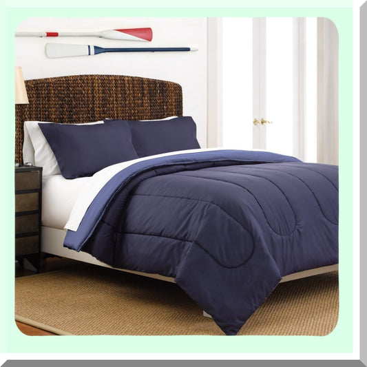 Navy Blue Reversible Comforter Set - Full/Queen Size - 3-Piece Bedding Ensemble - Medium Blue Accents - Soft & Cozy - Bedroom Decor Upgrade