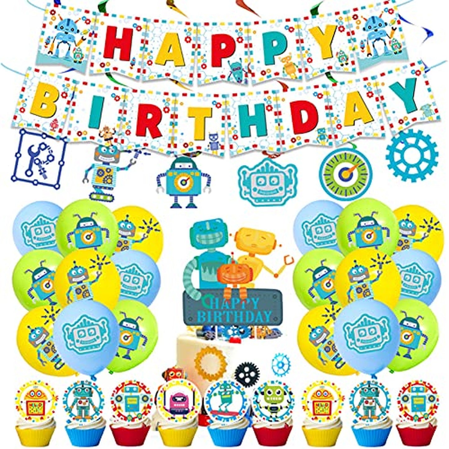 Robot Party Supplies Set with Banner, Cake Topper, Cupcake Toppers, Balloons