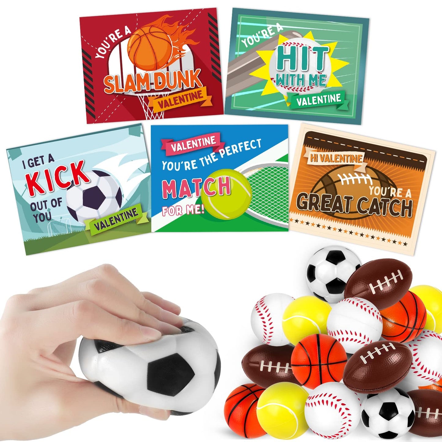 Valentine's Day Sports Ball Card Pack - Kids Classroom Exchange Set with Stress Relief Foam Balls - Party Favors & Prizes for Children