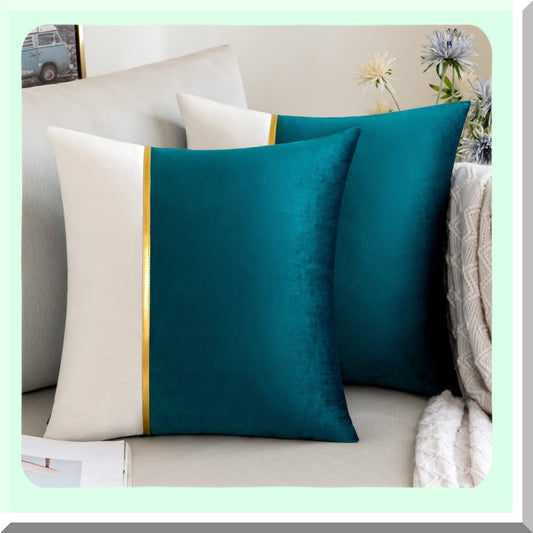 Luxury Velvet Gold Leather Patchwork Pillow Covers - Set of 2 | Soft Square Cushion Cases for Couch, Sofa, Bed, Chair | Decorative Solid Teal Green 20x20 Inch - Living Room Decor