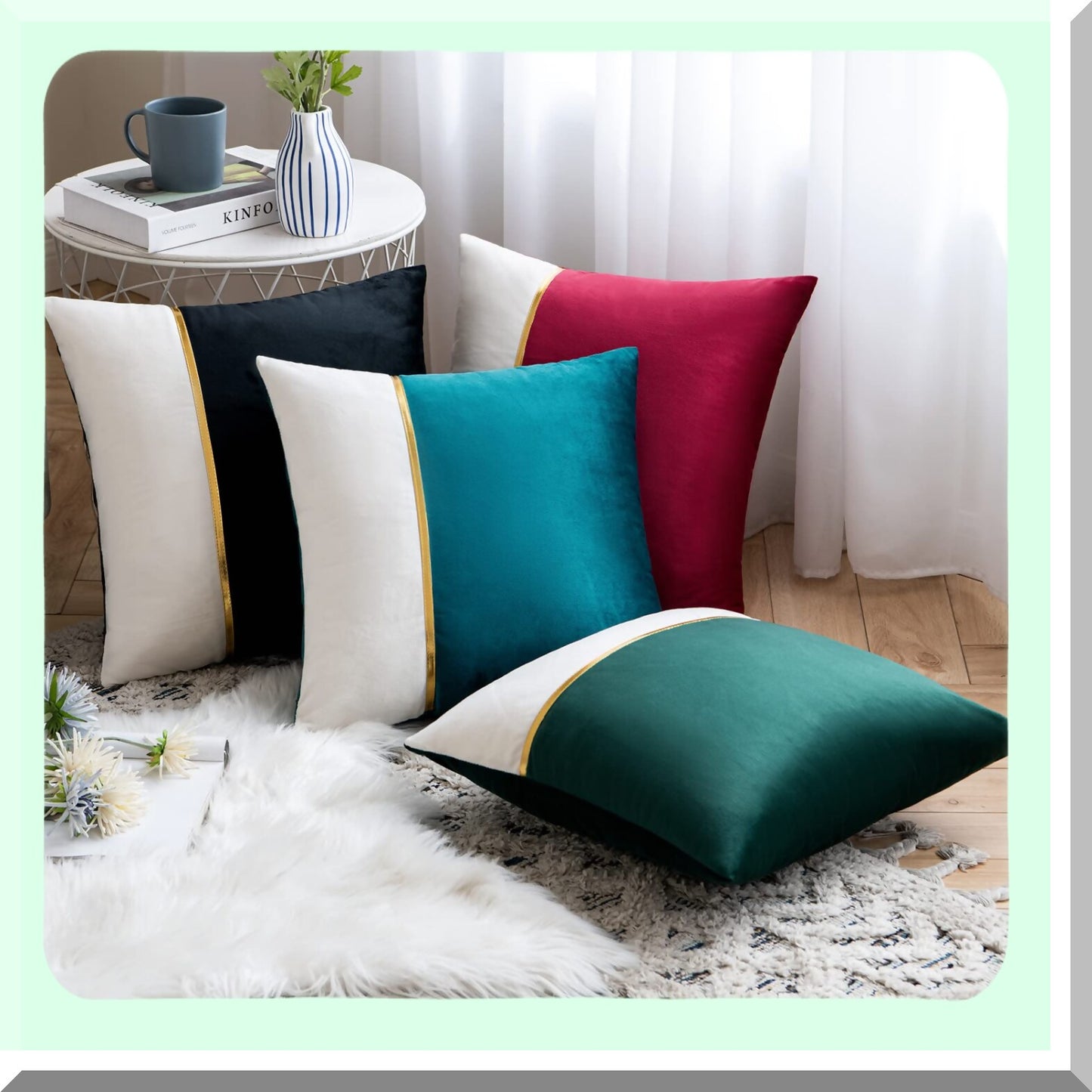 Luxury Velvet Gold Leather Patchwork Pillow Covers - Set of 2 | Soft Square Cushion Cases for Couch, Sofa, Bed, Chair | Decorative Solid Teal Green 20x20 Inch - Living Room Decor