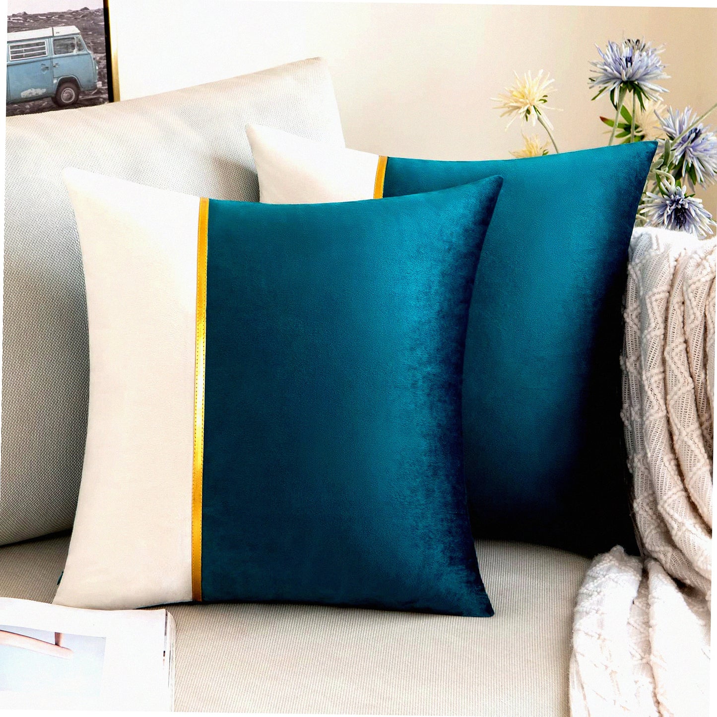 Luxury Velvet Gold Leather Patchwork Pillow Covers - Set of 2 | Soft Square Cushion Cases for Couch, Sofa, Bed, Chair | Decorative Solid Teal Green 20x20 Inch - Living Room Decor