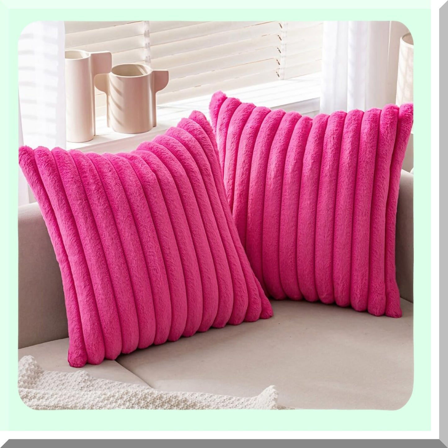 Fuzzy Striped Velvet Rabbit Pillowcase Set - Hot Pink 18x18 Inch Decorative Cushion Covers for Couch Sofa Bedroom Livingroom - Soft Home Decor