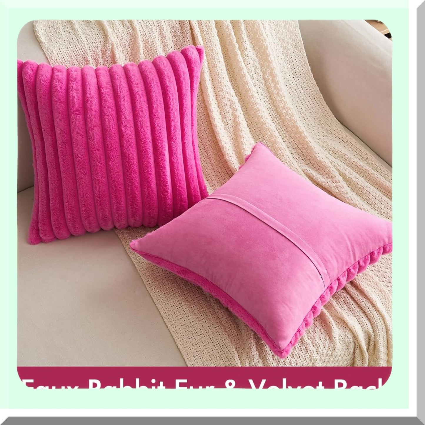 Fuzzy Striped Velvet Rabbit Pillowcase Set - Hot Pink 18x18 Inch Decorative Cushion Covers for Couch Sofa Bedroom Livingroom - Soft Home Decor