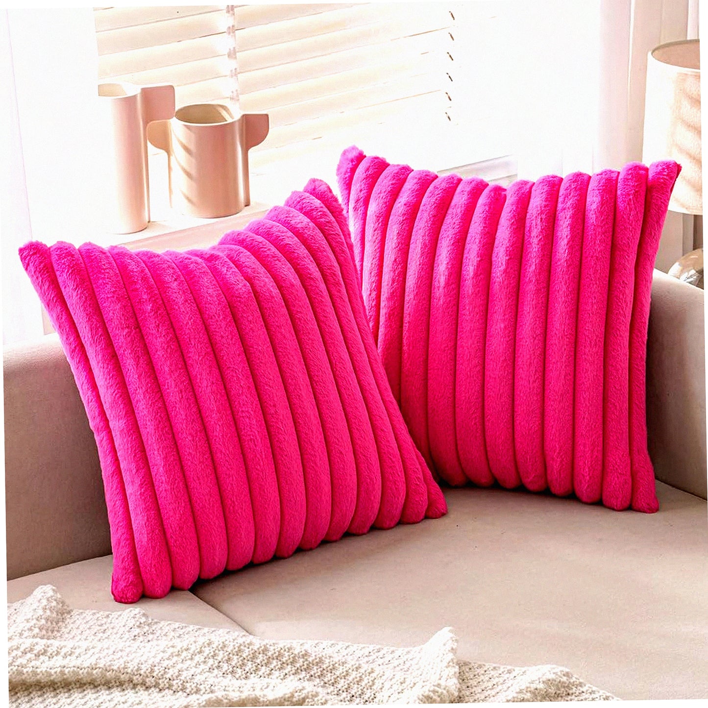 Fuzzy Striped Velvet Rabbit Pillowcase Set - Hot Pink 18x18 Inch Decorative Cushion Covers for Couch Sofa Bedroom Livingroom - Soft Home Decor