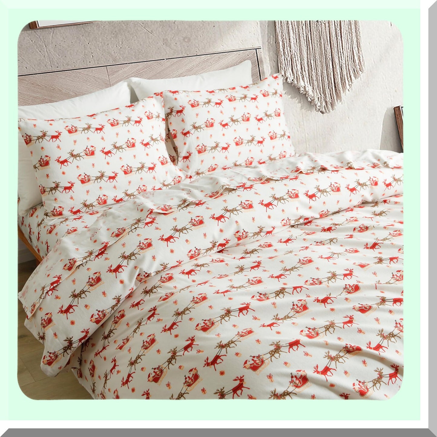 Holiday Cozy Cotton Flannel Sheet Set - Ultra Soft 4-Piece Twin Size, Anti-Pill Premium Quality, Deep Pocket Fitted Sheet - Sleigh Winter Wonderland