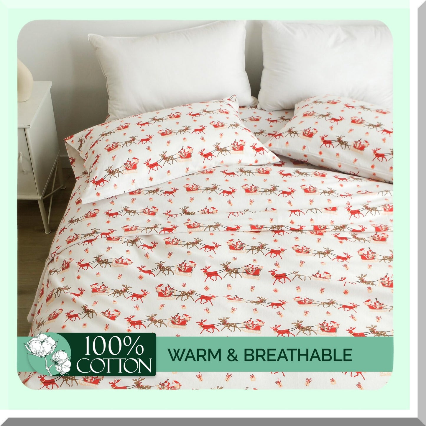 Holiday Cozy Cotton Flannel Sheet Set - Ultra Soft 4-Piece Twin Size, Anti-Pill Premium Quality, Deep Pocket Fitted Sheet - Sleigh Winter Wonderland