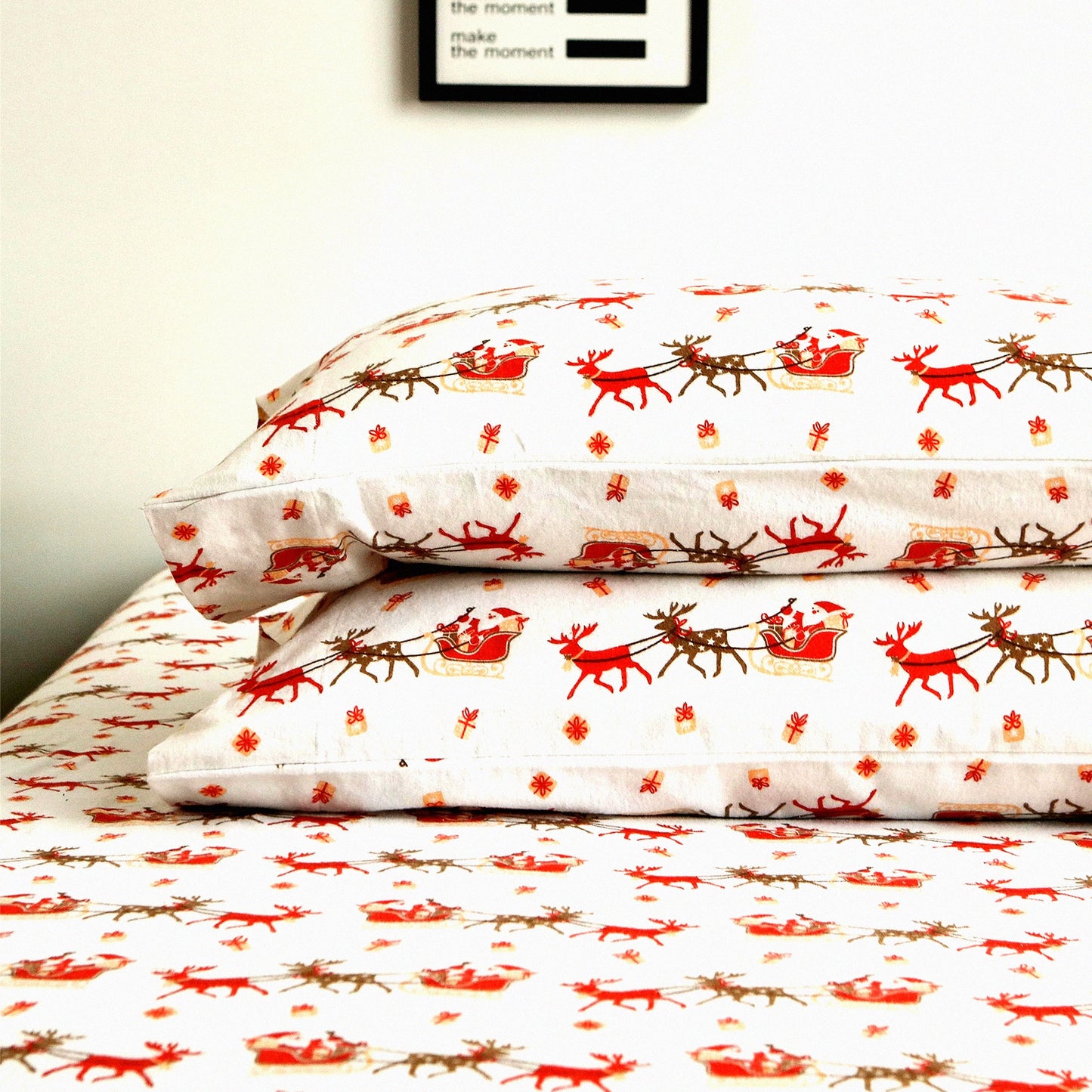 Holiday Cozy Cotton Flannel Sheet Set - Ultra Soft 4-Piece Twin Size, Anti-Pill Premium Quality, Deep Pocket Fitted Sheet - Sleigh Winter Wonderland