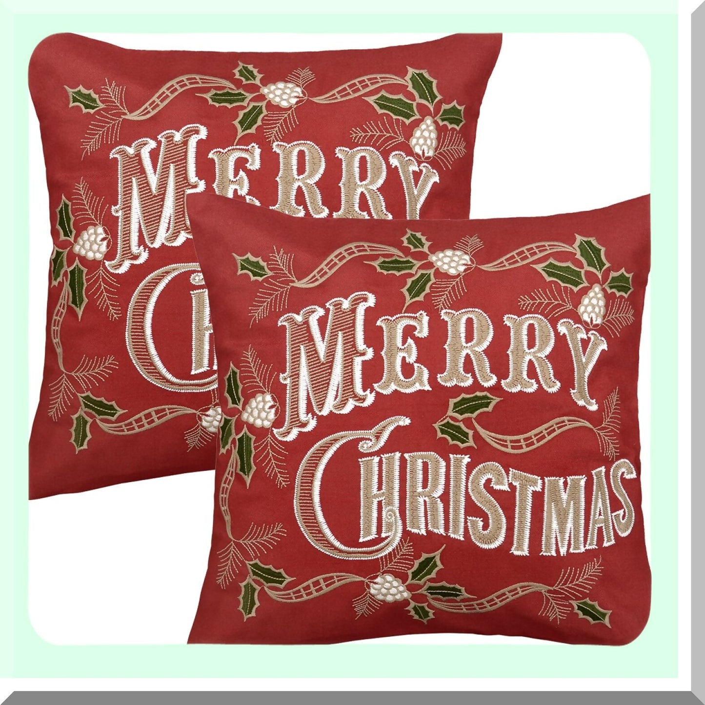 Holiday Cheer Embroidered Pillow Cover Set - Festive Decorative Sofa Cushion Shams - Red Square Throw Pillow Case - 18 x 18 Inch