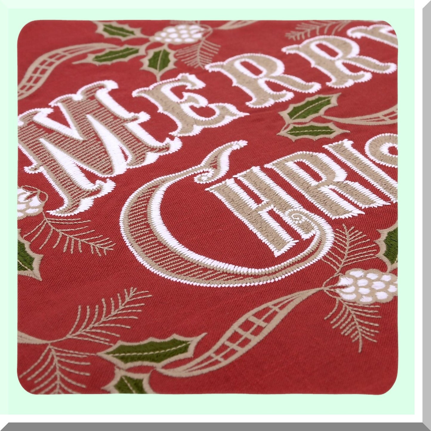 Holiday Cheer Embroidered Pillow Cover Set - Festive Decorative Sofa Cushion Shams - Red Square Throw Pillow Case - 18 x 18 Inch