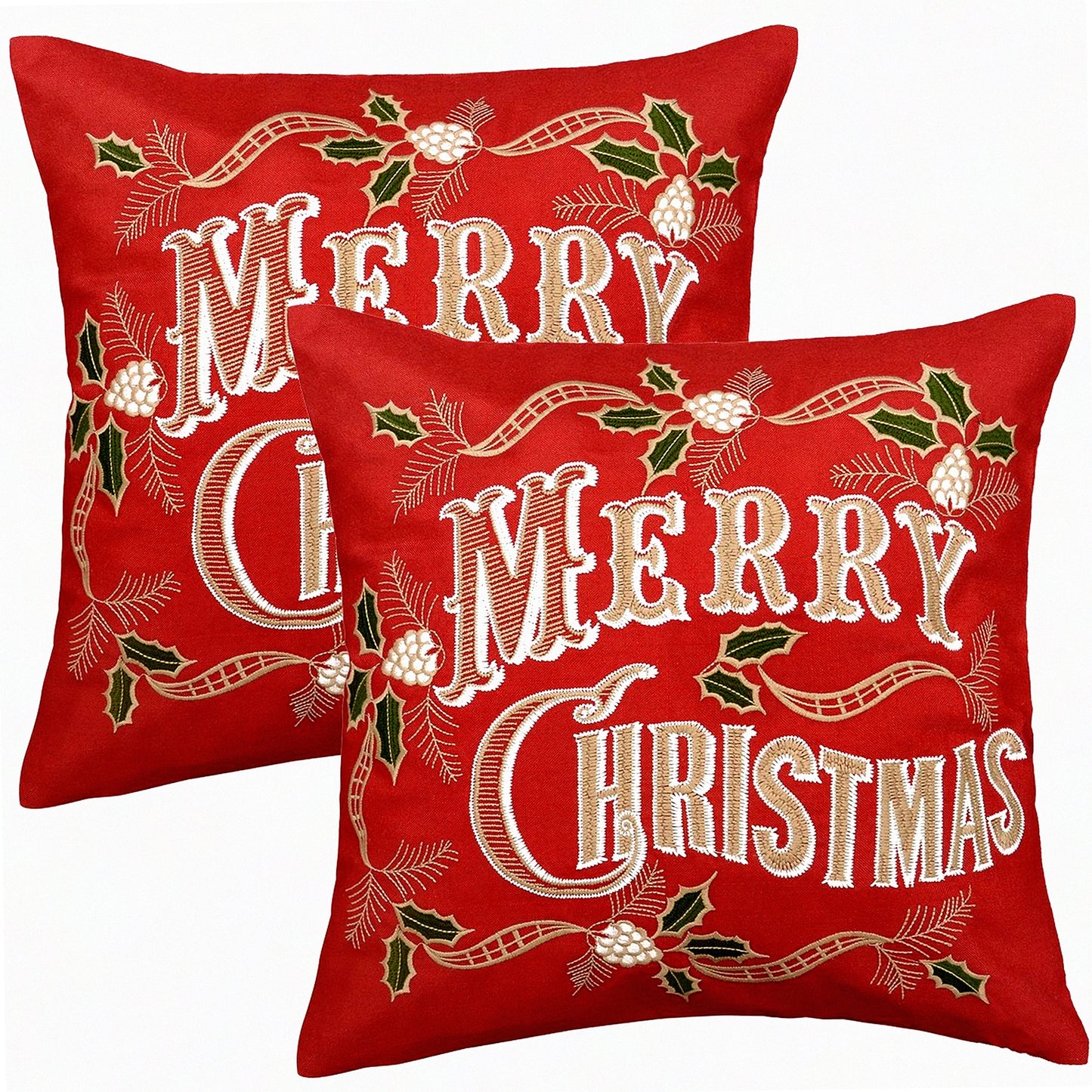 Holiday Cheer Embroidered Pillow Cover Set - Festive Decorative Sofa Cushion Shams - Red Square Throw Pillow Case - 18 x 18 Inch