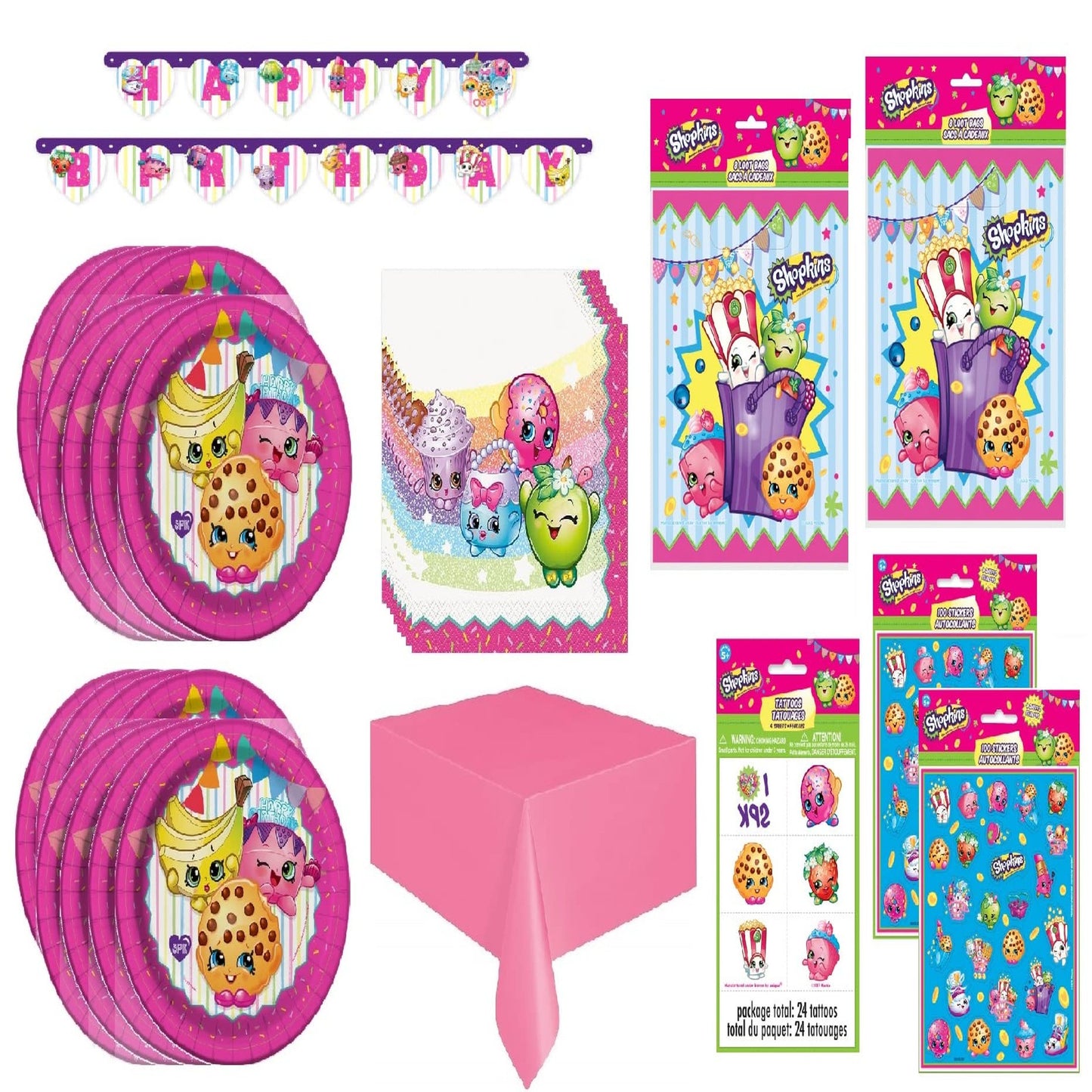 Birthday Bash Party Pack - Plates, Napkins, Table Cover, Banner, Loot Bags, Stickers Bundle for 16 Guests - Shopkins Themed Celebration Kit
